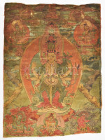 Tibeti selyemre festett buddhista kép, 'Avalókitésvara', 47×34 cm