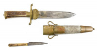 Német vadásztőr, bronz, cápabőr, agancs nyél, szép állapotban, 1880-90 körül. h: 38 cm