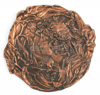 Szecesszió jellegű hölgy, könnyített fém, bronzírozva, fali, kis kopásokkal, d: 30 cm