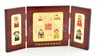 Facial makeup of China, kínai maszkok, fa anyagban zománc berakással, angol felirattal és kínai írásjelekkel, dobozban, méret kihajtva: 12x24,5 cm