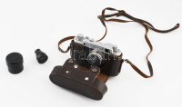 FED-2 fényképezőgép, eredeti tokjában rajta Elmar f=3,5cm 50 mm objektívvel, Leica objektív sapkával + hozzá FED kereső