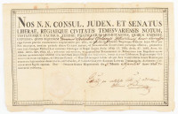 1833 Temesvár, okmány Oszlányi József részére, hogy helyi szabad polgár volt. Papírfelzetes pecséttel, latin nyelven. szakadásokkal, lap széle kissé foltos.