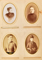 cca 1870-1910 Régi fotóalbum, benne kb. 80 db fotóval, nagyrészt keményhátú fotókkal, de benne néhány fotólap, és két ferrotípia. Kopott koronás monogramos egészbőr fotóalbumban, sérült gerinccel és kötéssel, egy kijáró
