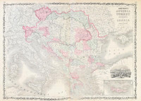 1863 Johnson Map of Austria, Turkey, and Greece. Ausztria, Magyarország, a Balkán és Törökország térképe. Színezett acélmetszet Constantinápoly látképével. / Colored map of Austria-Hungary with the image of Constantinople 67x47 cm
