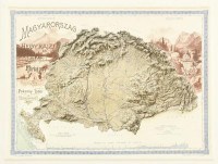 Magyarország hegyrajzi és vízrajzi dombortérkép, 1899-ben megjelent térkép utáni modern nyomás, 17x22 cm