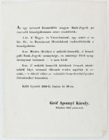 1849 gr. Apponyi Károly hadi parancsnok Kossuth bankók bevonásáról szóló hirdetménye 23x29 cm