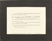 1933 Nyáregyházi báró Nyáry Albert (1871-1933) festőművész, író, történész, régész, Magyar-Lenygel Egyesület alapító elnökének halotti értesítője, apró lapszéli szakadással