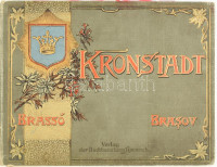cca 1900-1910 Kronstadt, Brassó, Brasov. Brassó,Verlag der Buchhandlung Hiemesch, 16 t. 16 fekete-fehér képet tartalmazó leporelló, három nyelvű német, magyar, és román feliratokkal. A hátsó kötéstábla belsejében színes Brassó
