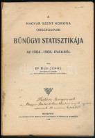 Bud János: A Magyar Szent Korona Országainak bűnügyi statisztikája az 1904-1908. évekről. Bp., 1910, Athenaeum, 84 p. Korabeli egészvászon-kötés, sérült gerinccel és borítóval, kissé foltos lapokkal, címlapon korabeli