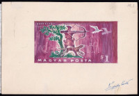 1971 Légrády Sándor: Vadászati Világkiállítás 1Ft bélyegterv, a tervező aláírásával. Képméret: 125 x 65 mm