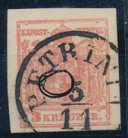 1850 3kr MP III nagy lemezhiba a pajzsban, üreges nyomat 'PETRINIA'