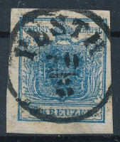 1850 9kr HP II látványosan kiemelt középrész, nagy lemezhiba a pajzsban 'PESTH'
