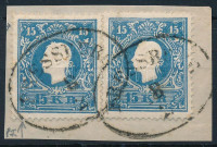 1858 2 x 15kr II. tipus centrált bélyegek, a bal oldali lemezhibás 'PRESSBURG'