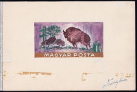 1971 Légrády Sándor: Vadászati Világkiállítás 1Ft bélyegterv, a tervező aláírásával. Képméret: 105 x 55 mm