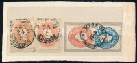 1861 5kr + 10kr kivágáson '... / Abends' és 5kr + 15kr kivágáson 'MISKOLCZ'