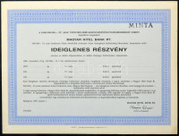 Budapest 1987. 'Magyar Hitel Bank Rt.' 500.000Ft névértékű részvénye teljes összegének befizetéséig kibocsátott Ideiglenes Részvénye, 'MINTA' felülbélyegzéssel, szelvényekkel T:XF kis folt