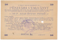 Kaposvár 1945. 50P 'Pénztári utalvány' tinta aláírással, bélyegzéssel, lyukasztással érvénytelenítve T:AU apró foltAdamo KAP-2.2.1