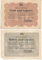 1849. 15kr + 30kr 'Kossuth bankó' T:F folt, az egyik hátoldalán kis anyaghiányAdamo G102, G103