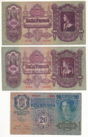 1913. 20K II. kiadás + 1915. 10K, mindkettő piros 'Deutschösterreich' felülbélyegzéssel + 1936. 10P (2x) + 1930. 100P (2x) T:III