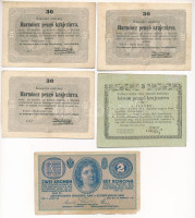 5db-os vegyes papírpénz tétel, benne 1849. 30kr (3x) + Rozsnyó 1849. július 16. 3kr 'Rozsnyó bánya város pénztári utalványa' + 1914. 2K 'C' a bankjegy jobb alsó sarkában kis anyaghiány T:F,VG