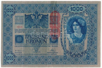 Ausztria 1919. (1902) 1000K '1621 69735' függőleges 'DEUTSCHÖSTERREICH' felülbélyegzéssel, mindkét oldal német T:III ragasztás, beszakadás, de erős papírAustria 1919. (1902) 1000 Kronen '1621 69735' with vertical 'DEUTSCHÖSTERREICH'