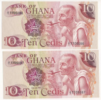Ghána 1978. 10C (2x) 'Z/I 7705086 - Z/I 7705087' pótkiadás T:II hajtatlanokGhana 1978. 10 Cedis (2x) 'Z/I 7705086 - Z/I 7705087' replacement banknotes C:XF unfoldedKrause P#16f