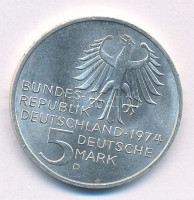 Német Szövetségi Köztársaság 1974D 5M Ag 'Immanuel Kant születésének 250. évfordulója ' T:1- patina / Federal Republic Germany 1974D 5 Mark Ag '250th Anniversary - Birth of Immanuel Kant' C:AU Krause KM#139