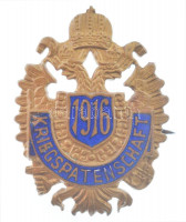 Osztrák-Magyar Monarchia 1916. 'Hadsegélyezés' zománcozott bronz sapkajelvény (27x20mm) T:2 kis zománchiba / Austro-Hungarian Monarchy 1916. 'Kriegspatenschaft' metal cap badge (27x20mm) C:XF small enamel error