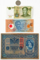 Ausztria 1919. (1902) 1000K, piros függőleges 'DEUTSCHÖSTERREICH' felülbélyegzéssel, mindkét oldala német + Brazília 2000. 10R + Kína 1999. 1Y + 2005. 1Y Cu-Ni T:F közte szép papírAustria 1919. (1902) 1000 Kronen, with red