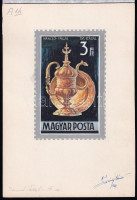 1969 Légrády Sándor: Magyar ötvösművészet 3Ft bélyegterv, a tervező aláírásával. Képméret: 75 x 115 mm