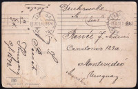1911 Nyomtatvány Pécsről Montevideoba 3f Turul bérmentesítéssel, LISBOA átmenő bélyegzéssel. (A lapra valamilyen okból 1922-ben 2 argentín bélyeget ragasztottak)