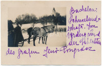 1926 Bashalom (Tiszaeszlár), Pongrácz kastély kápolnája, Gróf Pongrácz Jenő lovas szánon télen + saját levele. photo + 'POSTAI ÜGYN.'