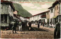 1918 Shkoder, Shkodra, Skadar, Skodra, Scutari, Skutari; Im alten Türkenbazar, im Hintergrunde das Kastell / old Turkish bazaar, market, castle, street view with K.u.K. soldier (EK)