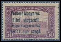 Nyugat-Magyarország I. 1921 Parlament 50f próbanyomat, Bodor vizsgálójellel. Ritka RRR!