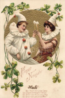 New Year, Clowns, romantic Emb. litho