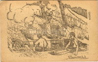 1922 Turul konyha. 'Hatvani Turul' cserkésztábor Balatonaliga (Balatonvilágos) 91. sz. Hatvani Turul Cserkészcsapat II. sor. / Hungarian boy scout art postcard, kitchen of the scout camp (lyuk / pinhole)