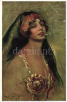 Tanulmányfej / Cigarette smoking erotic art postcard s: Kiss Rezső