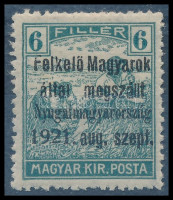 Nyugat-Magyarország I. 1921 Arató 6f próbanyomat, Bodor vizsgálójellel. Ritka RRR!