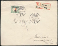 Fiume 1919 Ajánlott levél felülnyomott portó bélyeggel Budapestre, Bodor vizsgálójellel