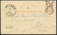 1880 Díjjegyes levelezőlap kézi érvénytelenítéssel Szombathelyről Pilsenbe