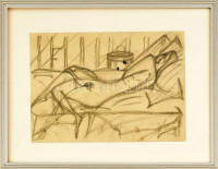 Alföldi Róbert (1967-): Női akt dobozzal, 2002. Szén, papír, jelezve jobbra lent, üvegezett fakeretben, 24x33 cm