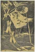 Azonosítatlan jelzéssel: Madárijesztő. Háború ellenes linómetszet nyomódúc 24x36,5 cm