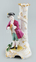 Német porcelán figura, figurális gyertyatartó, kopott, kis sérülésekkel, jelzett, m: 16 cm