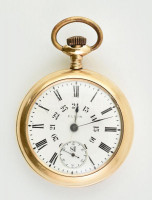 Elgin nagy méretű zsebóra, aranyozott fém tokkal, enyhén kopott számlappal, működő, jó állapotban d: 54 mm Csavaros hátlappal