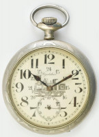 Vasutas Regulator nagy méretű fém tokos zsebóra, rajzos számlappal, díszített tokkal. Működő, jó állapotban d: 65 mm