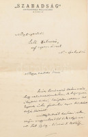 1890 Adorján Ármin, született Auspitz (1867-1938) újságíró, szerkesztő, ügyvéd, a nagyváradi Szabadság c. lap főszerkesztőjének levele Szél Kálmán nagyszalontai esperesnek, Arany János vejének, melyben apja, Szél György, mint