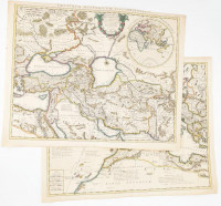Theatrum historicum pars orientalis: Európa és Ázsia. Kettő darab térkép. Covens - Moriter. 1730. Színezett rézmetszet. 600x480 mm / 2 copper plate engraved map of Europe and Asia.