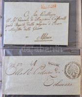 Olaszország 80 db-os bélyeg előtti levél gyűjtemény  levélberakóban. Érdekes, tartalmas anyag több ritka és értékes bélyegzéssel. / Italy Collection of prephilatelic covers in cover album. Interesting material with rare postmarks.