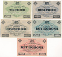 Somorja / Hadifogolytábor 1916.01.15. 10f + 20f + 50f + 1K + 2K, közte egy nagybetűs, két nagybetűs, két nagybetűs és egy számos sorozatszámok, mind arab sorszámmal T:AU