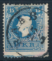 1858 15kr II. típus festékfoltok a fejen, alul Andráskereszt végződés. Érdekes darab! 'RAAB'